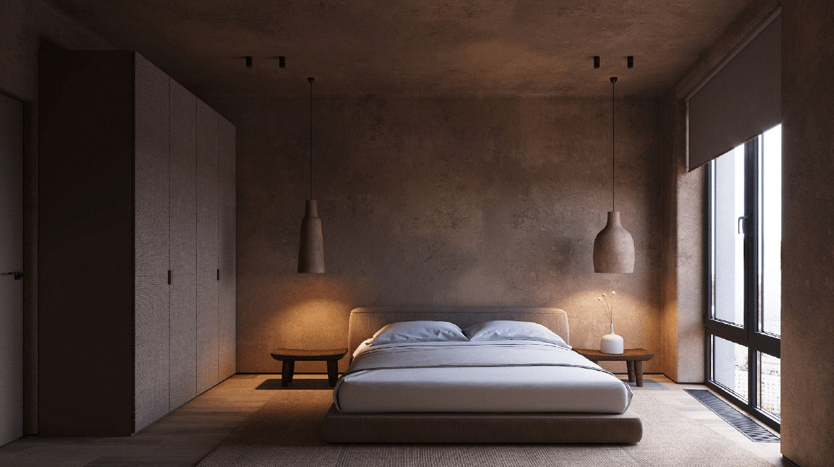 hình ảnh phòng ngủ với tường và trần màu nâu, giường gỗ thấp, tủ quần áo, đèn thả hai bên đầu giường