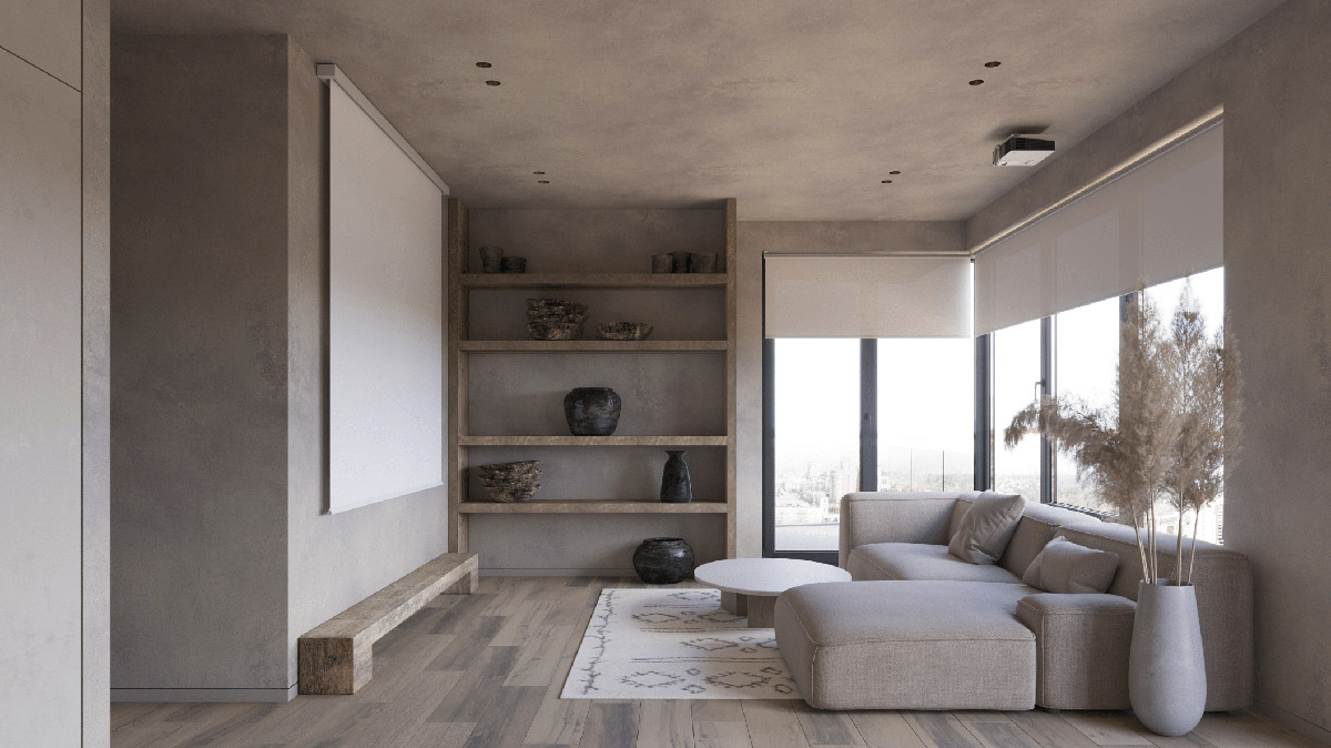 hình ảnh toàn cảnh phòng khách phong cách Wabi-Sabi với sofa màu ghi xám, kệ gỗ gắn tường, bàn trà tròn, bình lau lớn