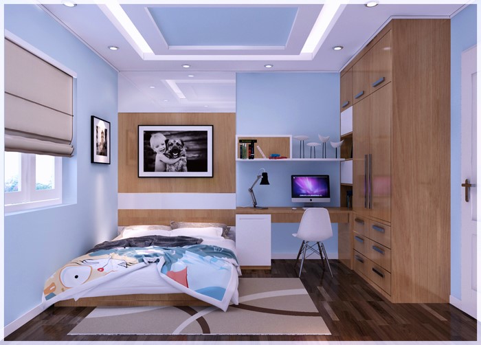 hình ảnh phòng ngủ bé trai với tường và trần sơn màu xanh , nôi thất gỗ ấm áp, rèm kéo