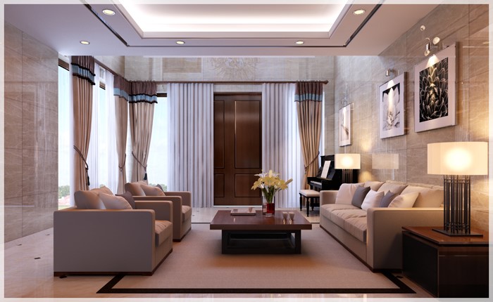 hình ảnh phòng khách sang trọng với bộ ghế sofa màu ghi xám, cửa kính lớn, rèm cửa, tranh treo tường tạo điểm nhấn