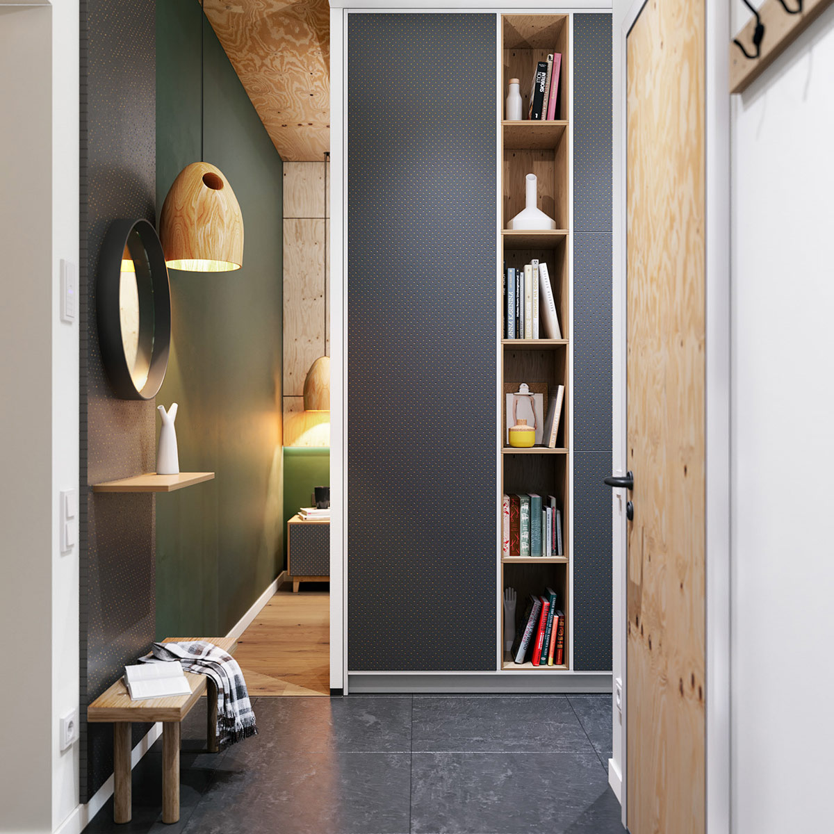 hình ảnh bức tường màu xanh lá là phần mở rộng của phòng ngủ căn hộ nhỏ