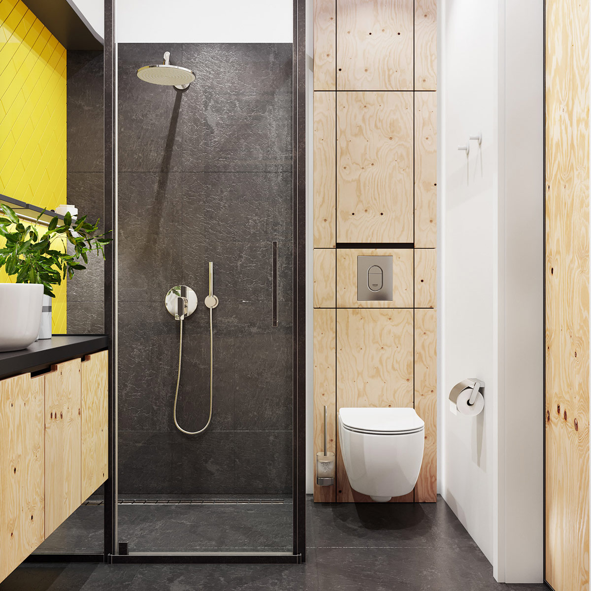 hình ảnh phòng tắm căn hộ nhỏ với tường và trần ốp lát gạch đá phiến màu xám đen, mảng tường màu vàng chanh, vòi sen đứng
