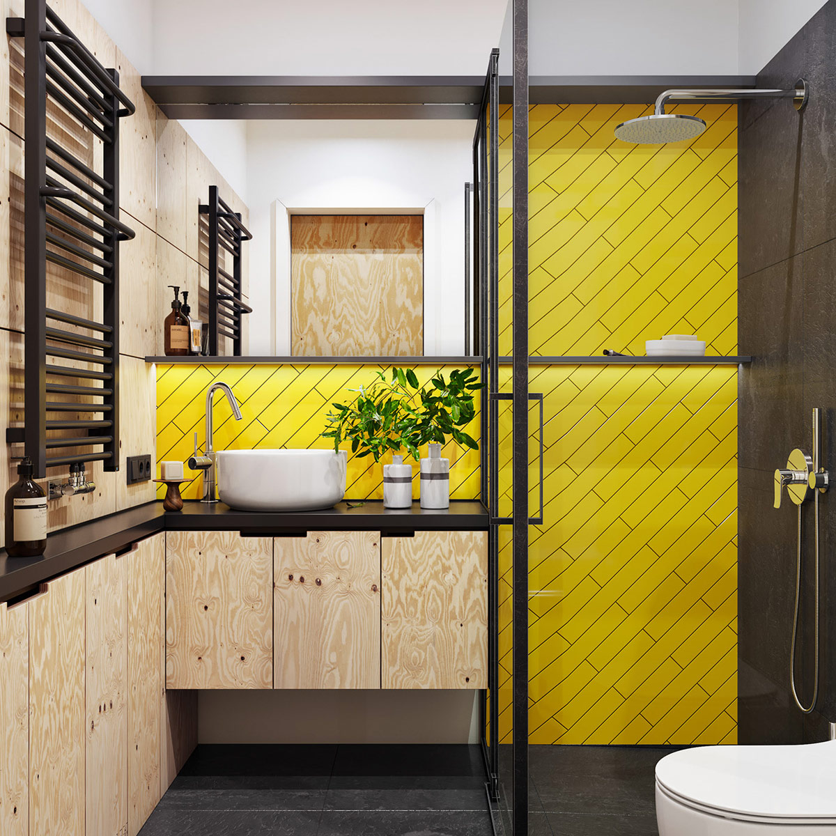 hình ảnh góc phòng tắm với bức tường ốp gạch vàng, vòi sen đứng, tủ kệ lưu trữ bằng gỗ sồi 