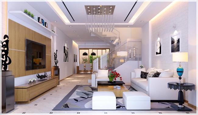hình ảnh toàn cảnh phòng khách nhà lô 4 tầng hiện đại với sofa màu trắng, đói diện là tủ kệ tivi, tường ốp gỗ