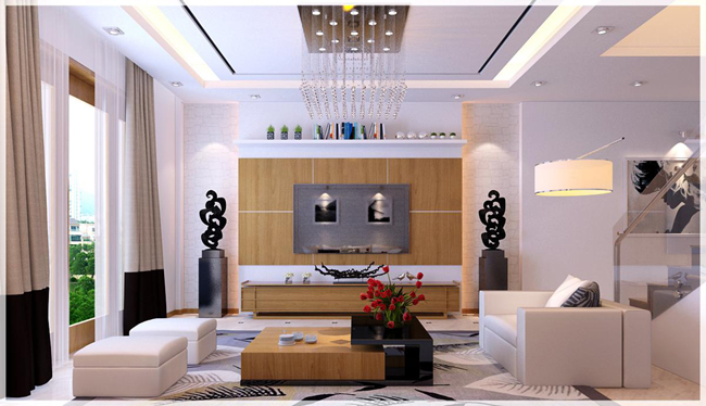 hình ảnh toàn cảnh phòng khách phong cách sang trọng với sofa màu trắng, bàn trà gỗ, đèn chùm pha lê, tủ kệ tivi bằng gỗ