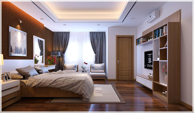 hình ảnh toàn cảnh phòng ngủ VIP trong nhà lô 4 tầng với sàn lát gỗ, giấy dán tường màu nâu, tủ kệ lưu trữ cao kịch trần