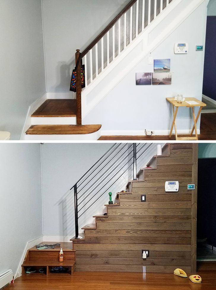 hình ảnh cầu thang trước và sau khi được cải tạo