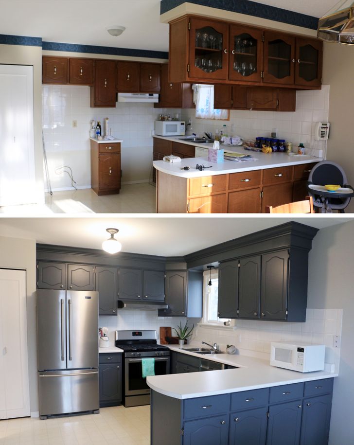 hình ảnh phòng bếp trước cải tạo cũ kỹ với tủ gỗ lỗi thời, sau cải tạo đẹp hơn hẳn nhờ màu sơn mới