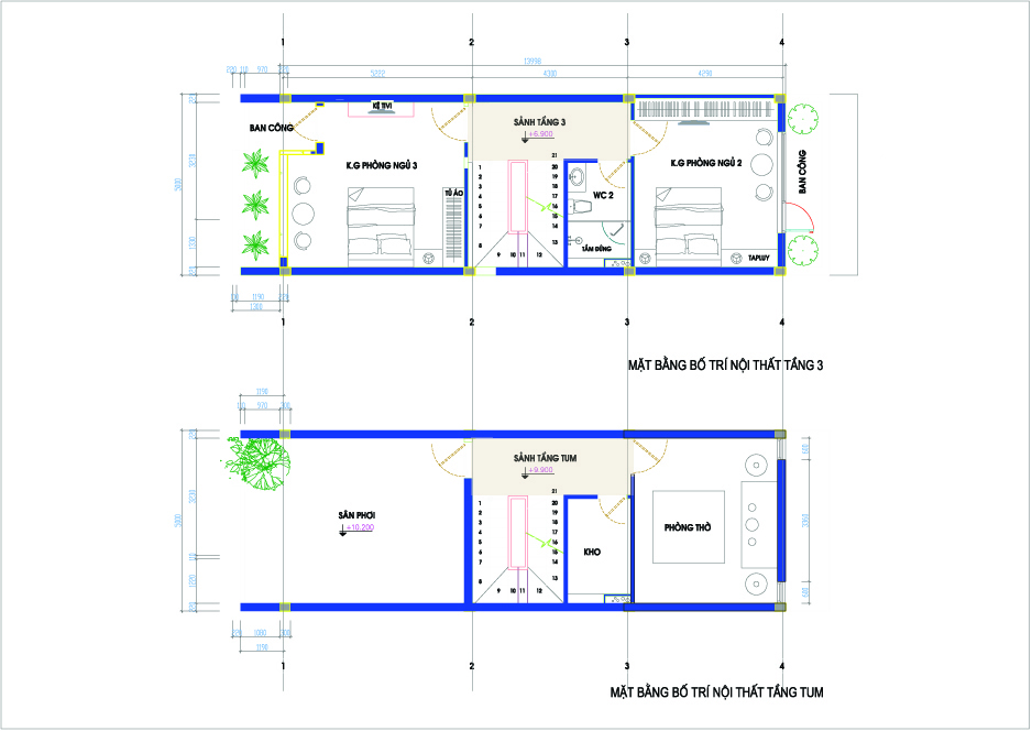 hình ảnh bản vẽ thiết kế mặt bằng nội thất tầng 3, 4 nhà lô hiện đại