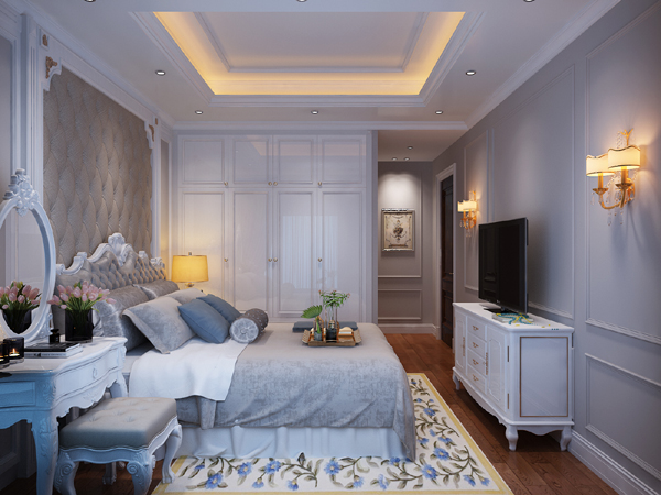 ảnh chụp một phòng ngủ được thiết kế theo phong cách tân cổ điển tinh tế