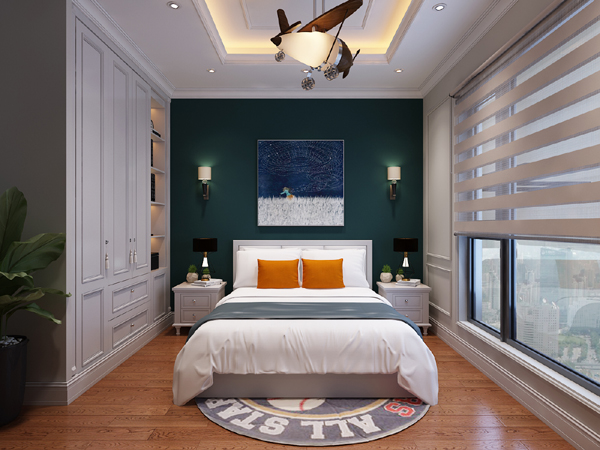 hình ảnh phòng ngủ con trai với tường đầu giường sơn màu xanh lá đậm, đèn trần độc đáo, tủ kệ cổ điểm âm tường