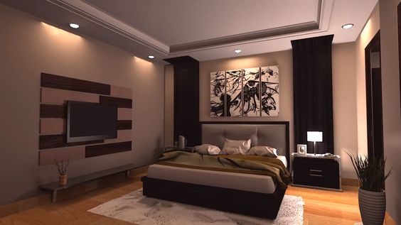 hình ảnh phòng ngủ master màu nâu trầm chủ đạo, tranh đầu giường, chậu cảnh góc phòng, kệ tivi