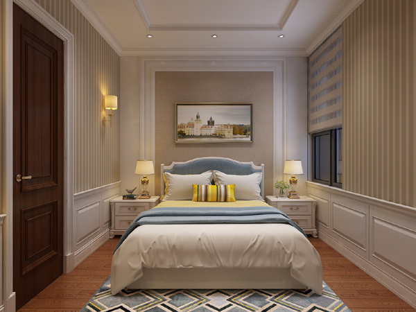 hình ảnh phòng ngủ phụ được thiết kế với diện tích vừa phải, giấy dán tường kẻ sọc nhã nhặn