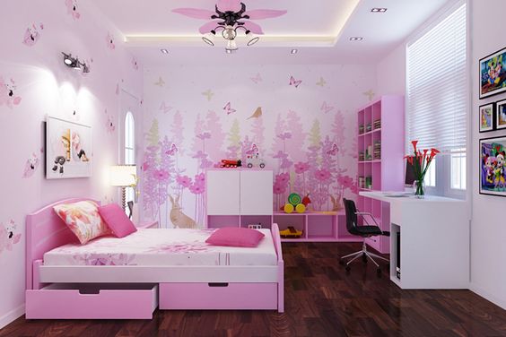 hình ảnh phòng ngủ con gái với giường, tủ, bàn học màu hồng nữ tính