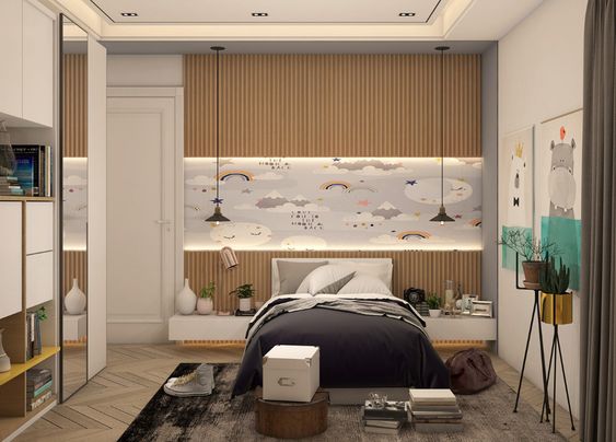 hình ảnh phòng ngủ con trai với giấy dán tường họa tiết đám mây, tranh tường ngộ nghĩnh, đèn thả ấm áp
