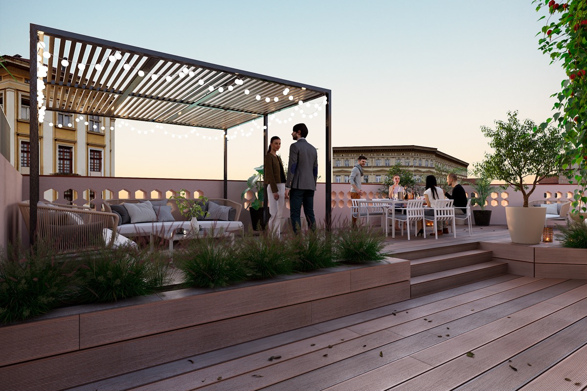hình ảnh không gian thư giãn lý tưởng trên sân thượng với bàn ghế ăn ngoài trời, lam che ghế dài, đèn LED mặt dây chuyền, sàn gỗ
