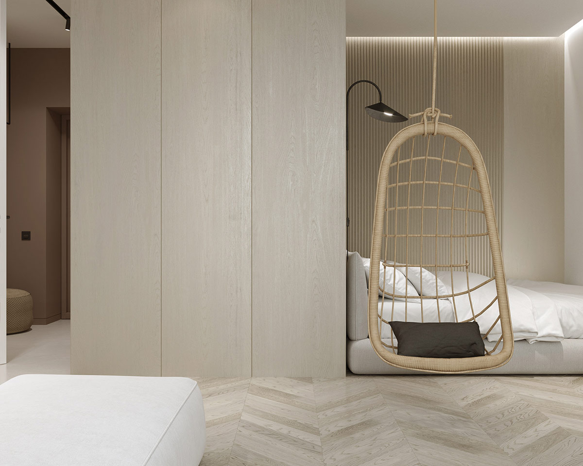 hình ảnh cận cảnh ghế treo làm bằng mây đan, phân tách giữa phòng ngủ và khu vực tiếp khách
