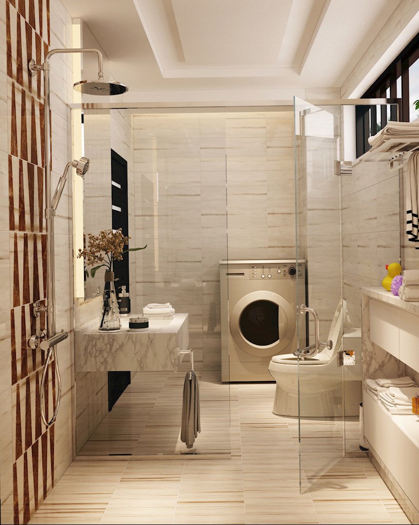 hình ảnh phòng tắm hiện đại với vách kính cường lực tách biệt giữa khu tắm vòi hoa sen và bồn rửa, bồn cầu bên ngoài