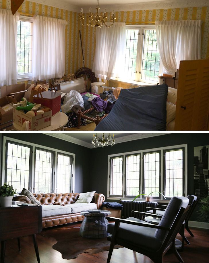 hình ảnh phòng khách ngôi nhà xây từ năm 1927 trước và sau khi cải tạo