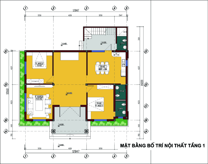 hình ảnh bản vẽ thiết kế mặt bằng tầng 1 biệt thự mái Thái