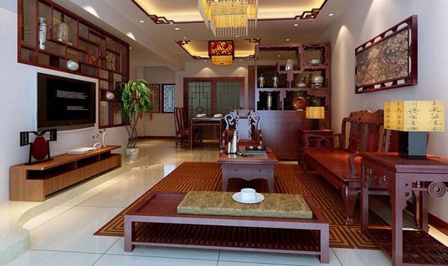 hình ảnh phòng khách phong cách truyền thống với ghế sofa, bàn trà, kệ lưu trữ bằng gỗ sẫm màu, đèn chùm trang trí sang trọng, cây xanh tạo điểm nhấn sinh động