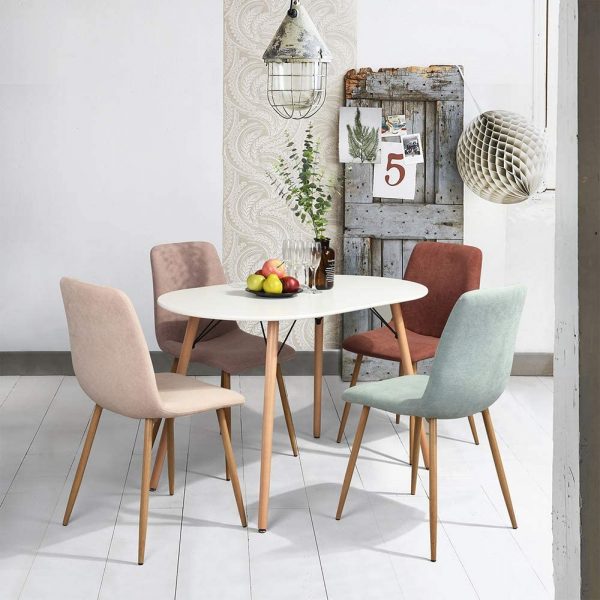 hình ảnh mẫu bàn ăn nhỏ 4 ghế với bàn màu trắng hình elip, ghế ngồi bọc nệm êm ái, nhiều màu sắc