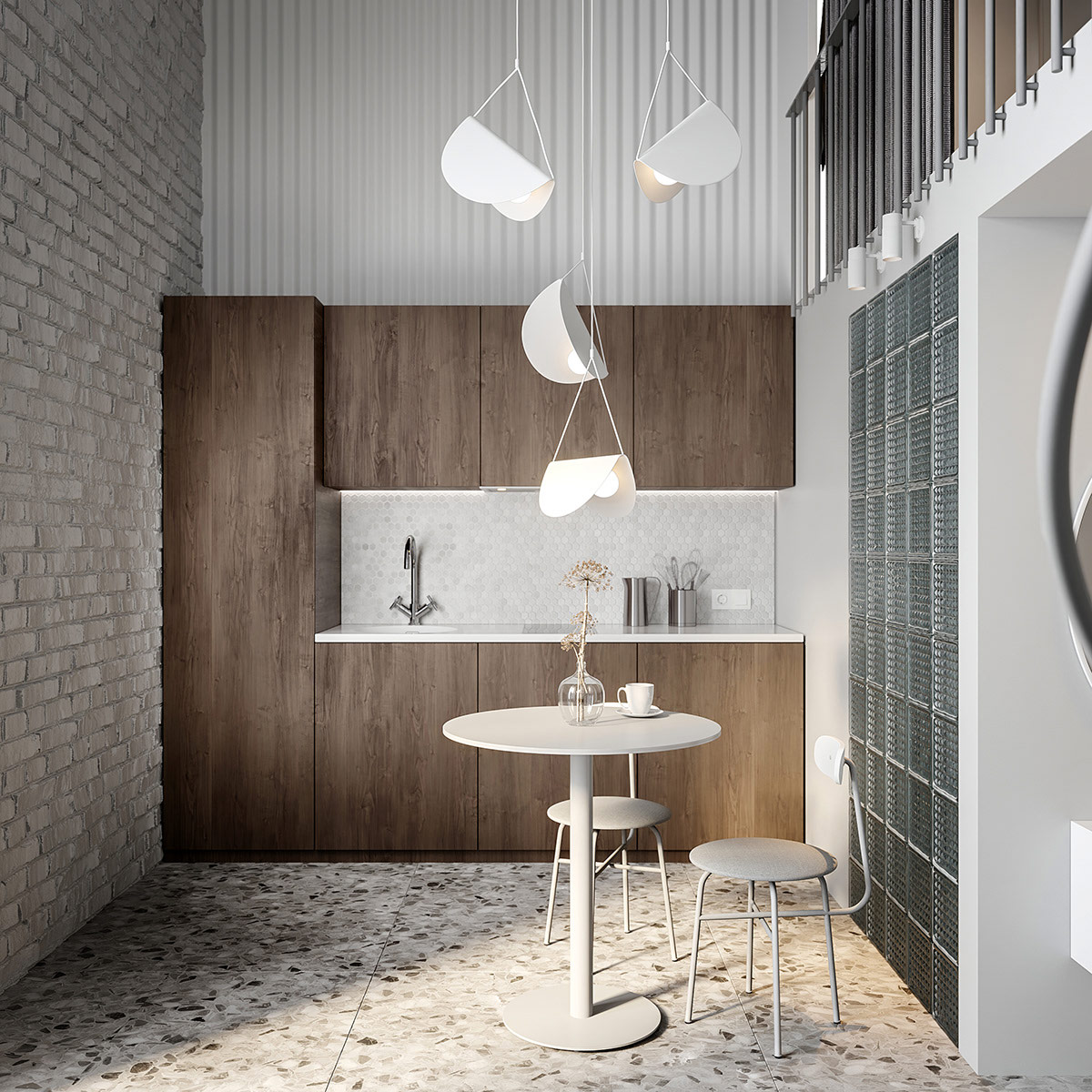 hình ảnh phòng bếp ăn căn hộ nhỏ với tủ bếp bằng gỗ, bàn ăn tròn, đèn thả 