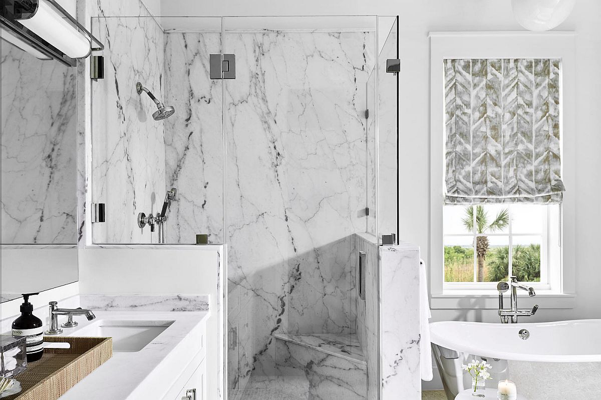 hình ảnh phòng tắm hiện đại với đá cẩm thạch ốp tường, sàn