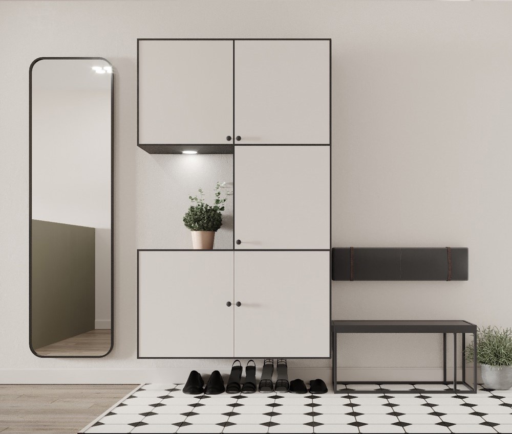 hình ảnh lối vào căn hộ được thiết kế đẹp với gương chữ nhật, tủ giày hiện đại, thảm trải họa tiết hình học đen - trắng và băng ghế ngồi đơn giản