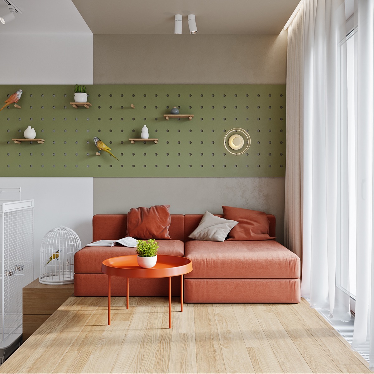 hình ảnh phòng khách căn hộ 46m2 được đóng khung bởi bộ ghế sofa màu cam đất, bàn trà tròn nhỏ xinh cùng tông và những điểm nhấn trang trí tinh tế như chậu cây mini, lồng chim