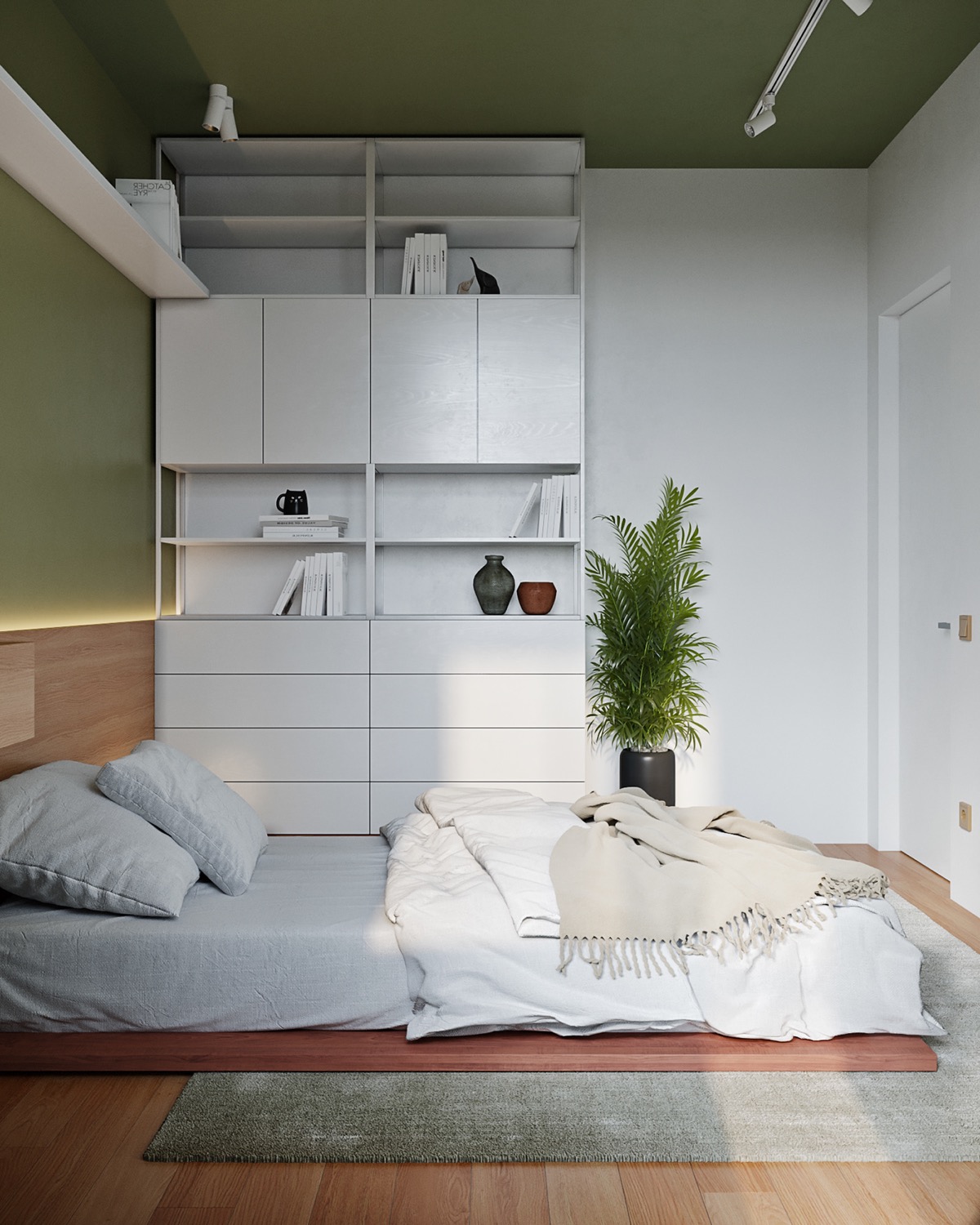 Hình ảnh một góc phòng ngủ với tủ quần áo màu trắng cao kịch trần, giường thấp sàn