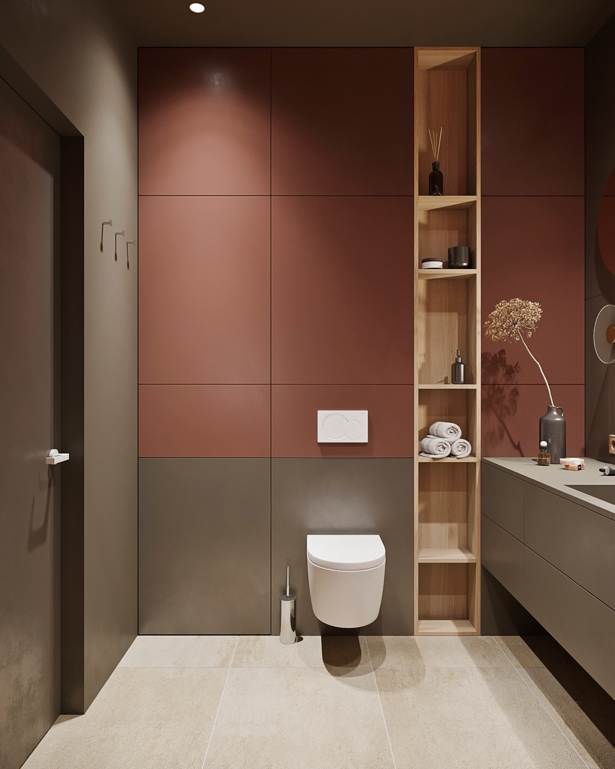 hình ảnh phòng tắm nhỏ đẹp, nổi bật với tường ốp gạch đỏ rượu vang, tháp gỗ lưu trữ
