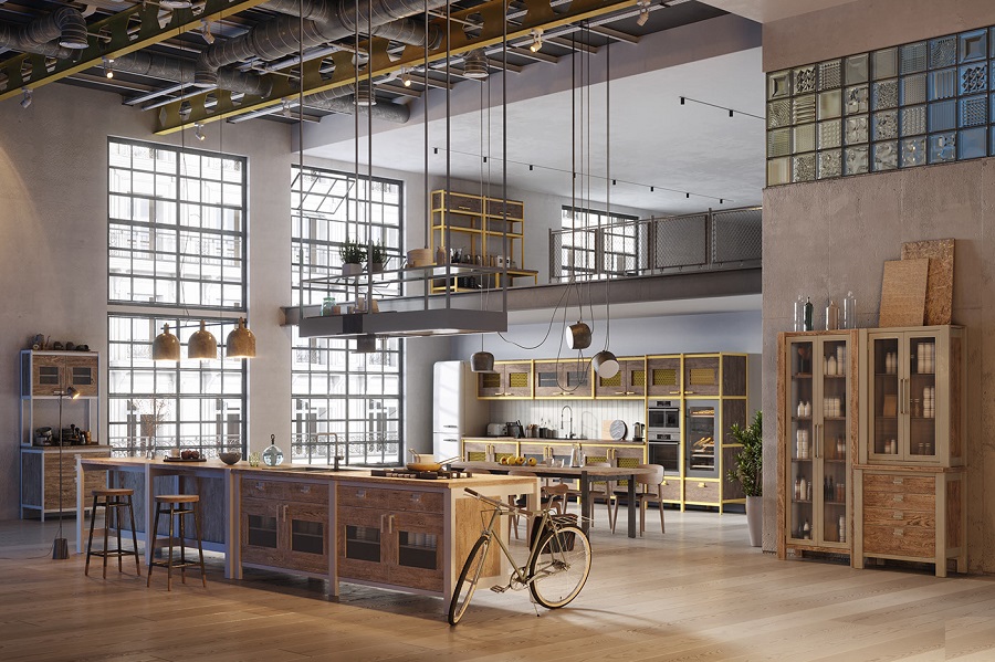 hình ảnh phòng bếp ăn phong cách Loft ấn tượng với trần lộ đường ống nước, cửa sổ kính lớn, nội thất gỗ, đèn thả hiện đại