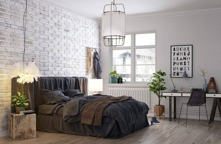 hình ảnh phòng ngủ phong cách Loft với tường gạch thô, ga gối màu xám, cửa sổ kính ngập tràn ánh sáng