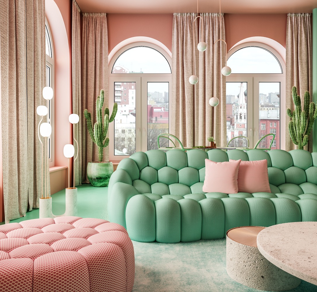 hình ảnh phòng khách căn hộ 55m2 ở New York với ghế sofa màu hồng đất và xanh ngọc lam ấn tượng