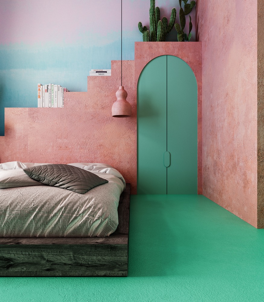 hình ảnh phòng ngủ với giường thấp sàn, trang trí đầu giường là những bậc thang màu hồng đất, bồn cây xương rồng xanh tốt