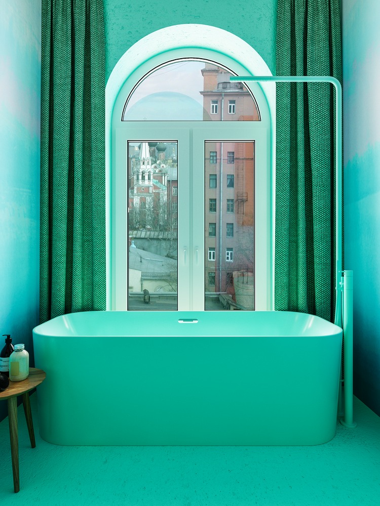 hình ảnh cận cảnh bồn tắm màu xanh ngọc cạnh cửa sổ kính vòm, rèm cửa cùng tông màu