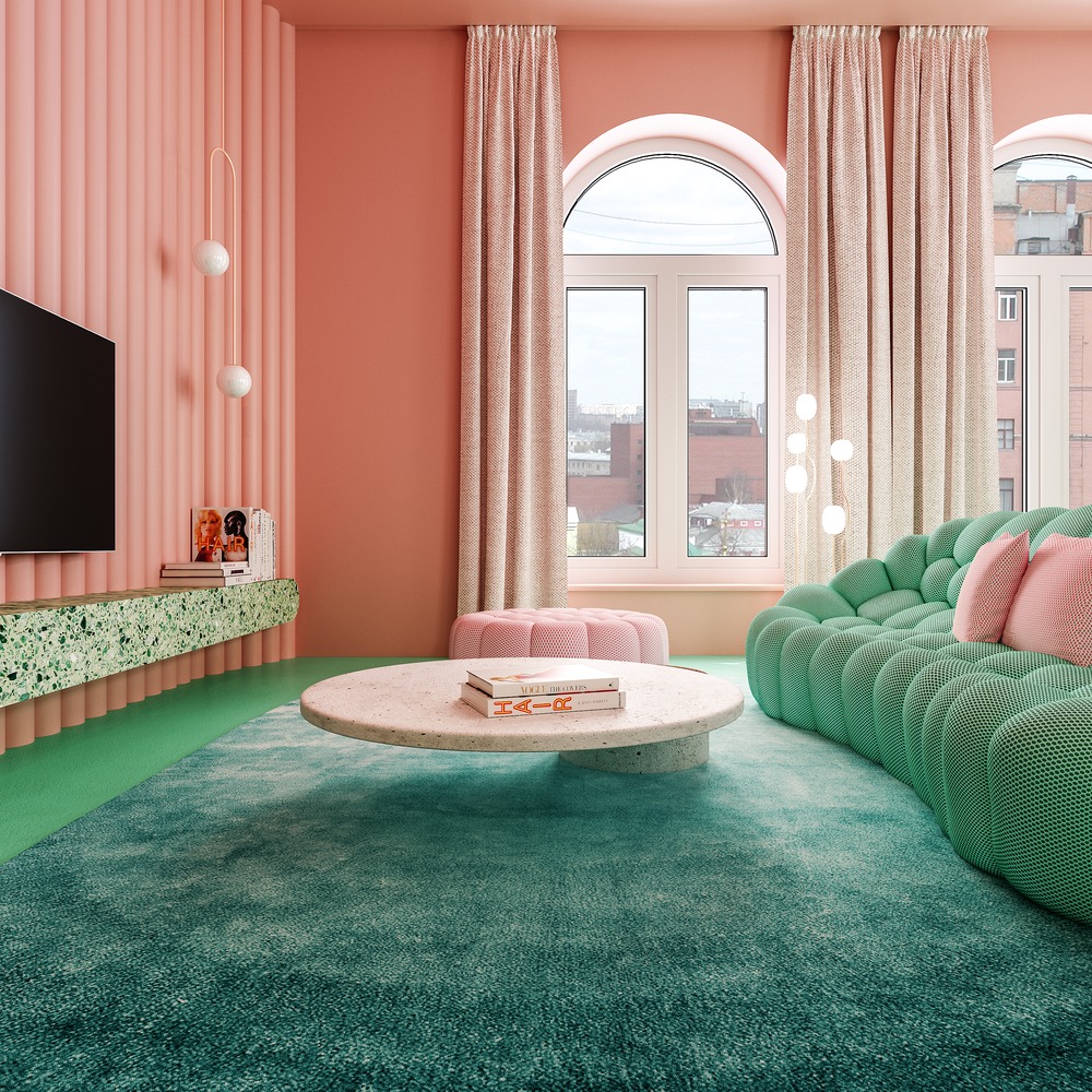 hình ảnh phòng khách căn hộ nhỏ với tủ kệ tivi đối diệ sofa màu xanh ngọc, bàn trà tròn bằng đá cẩm thạch ở giữa