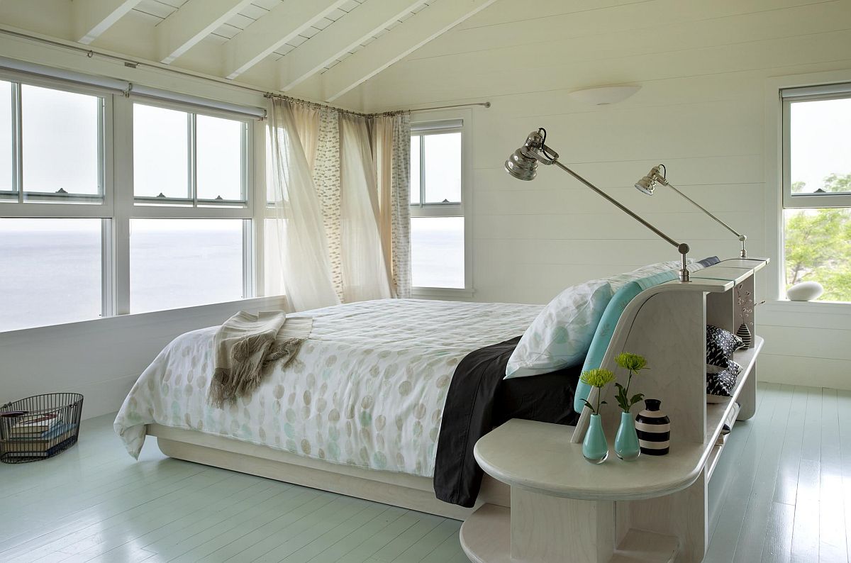 hình ảnh phòng ngủ hiện đại và thanh lịch với sàn nhà màu xanh pastel dịu mát.