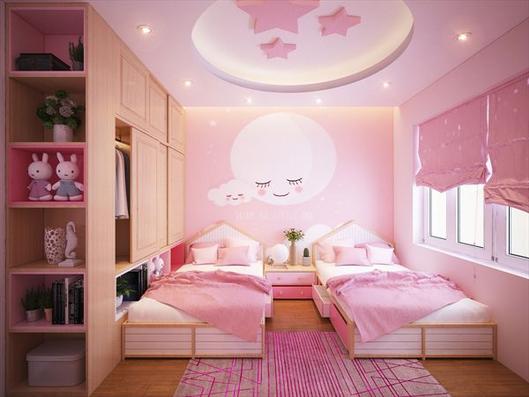 hình ảnh phòng ngủ của hai cô con gái với 2 giường đơn, đầu giường trang trí dễ thường, tủ quần áo kết hợp kệ trang trí
