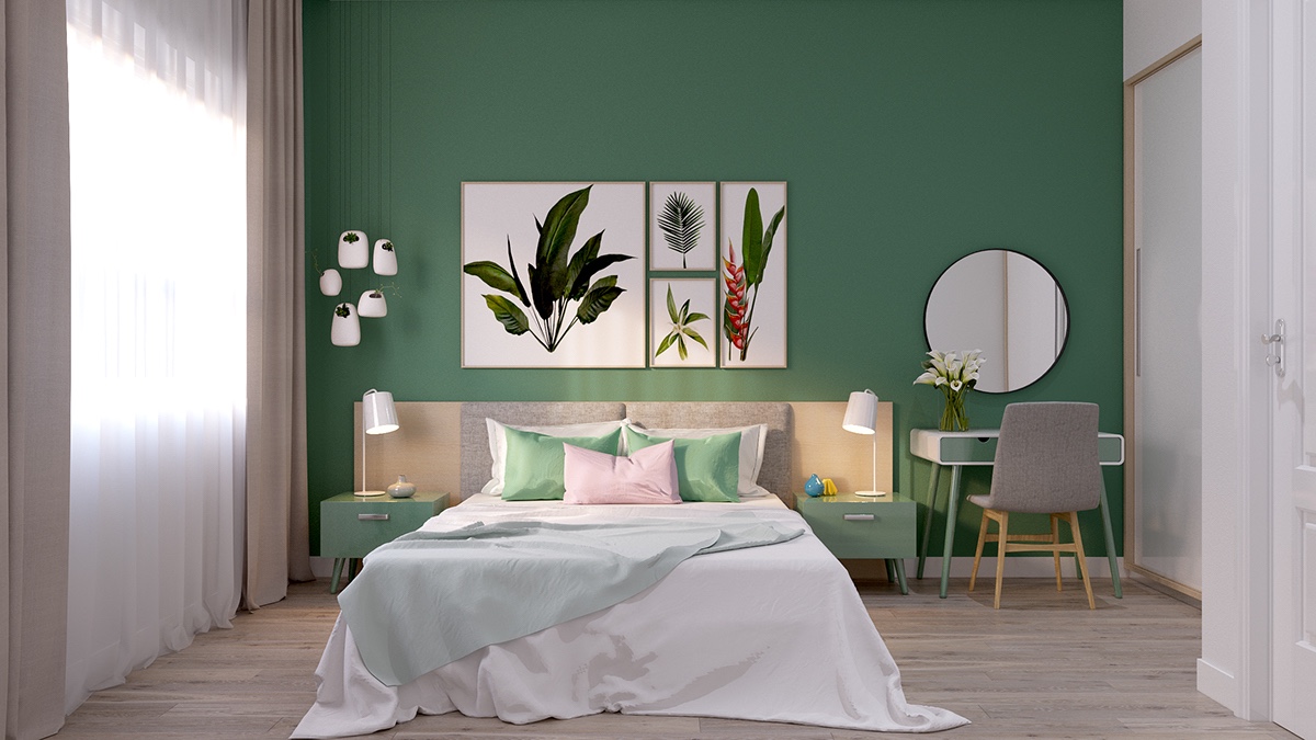 hình ảnh phòng ngủ mùa hè với sắc trắng chủ đạo, tường đầu giường sơn xanh lá, tranh tường họa tiết lá cây, bàn trang điểm, cửa sổ kính, rèm cửa