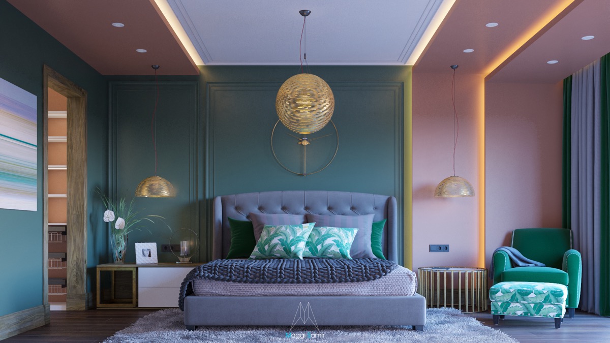 hình ảnh phòng ngủ được trang trí với nhiều màu sắc gồm xanh lá, hồng paster, trắng, xám