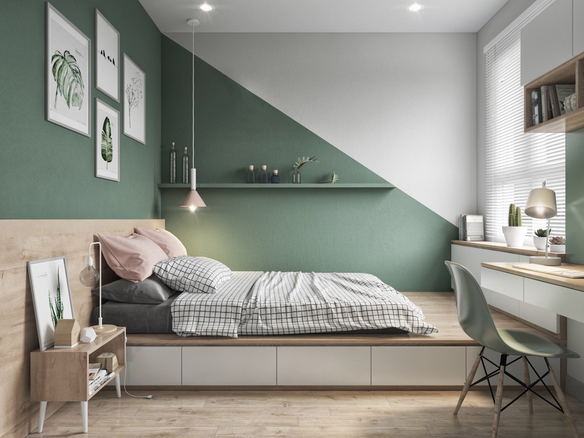 hình ảnh phòng ngủ màu trắng kết hợp xanh lá nhẹ nhàng