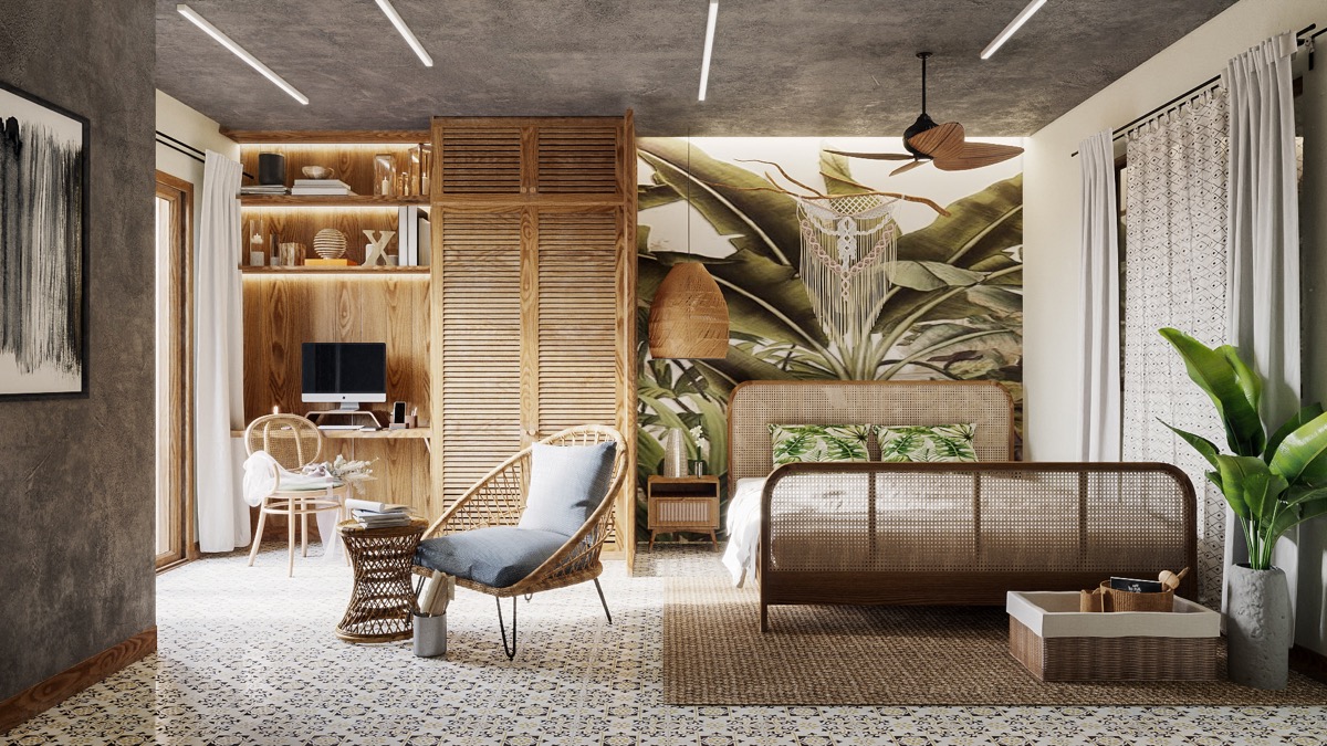 hình ảnh mẫu phòng ngủ phong cách nhiệt đới xanh mát, sử dụng nội thất làm từ chất liệu tự nhiên như gỗ, mây tre, trần bê tông xám