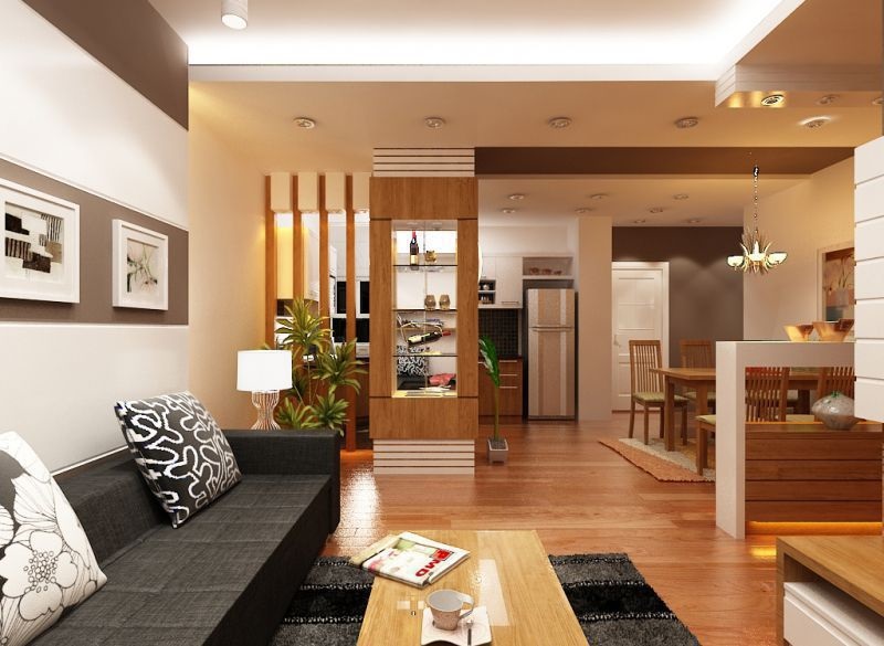 hình ảnh phòng khách nhà ống 3 tầng với sofa màu đen đặt sát tường, bàn trà gỗ chữ nhật đặt trên thảm trải màu đen, đèn LED âm trần