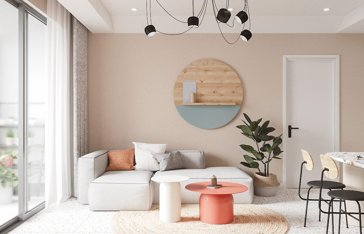 hình ảnh phòng khách căn hộ nhỏ đẹp với sofa ghi xám, bàn trà trụ tròn màu cam đất, chậu cây xanh đặt ở góc, kệ gỗ tròn gắn tường