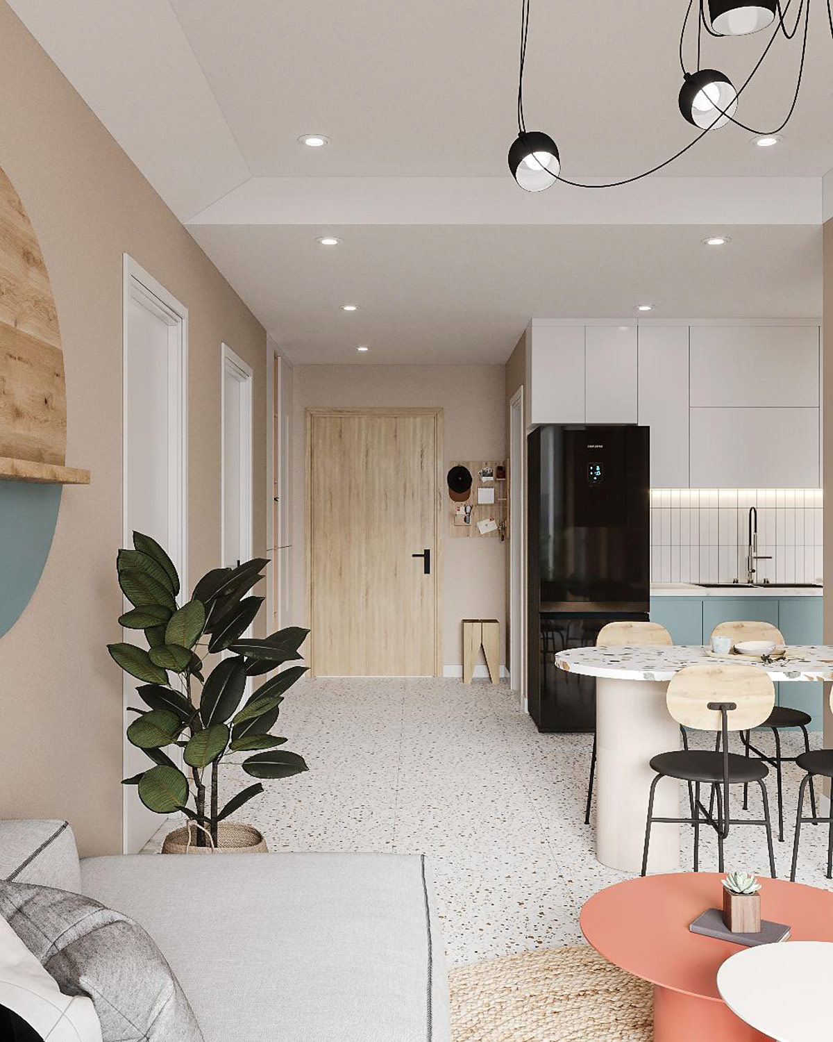 hình ảnh không gian bên trong căn hộ nhỏ với gạch lát sàn và bàn ăn cùng chất liệu Terrazzo cao cấp