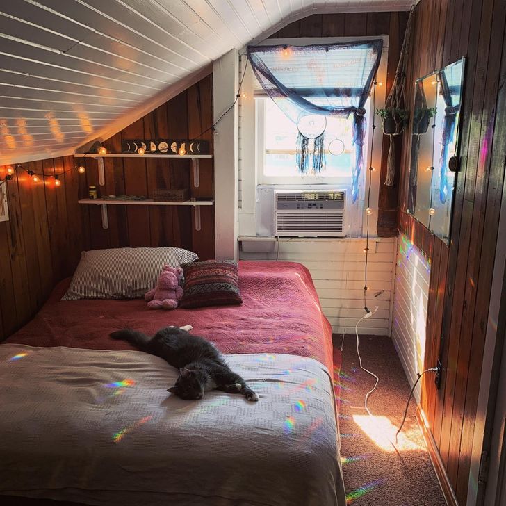 hình ảnh phòng ngủ tầng áp mái với chú mèo trên giường