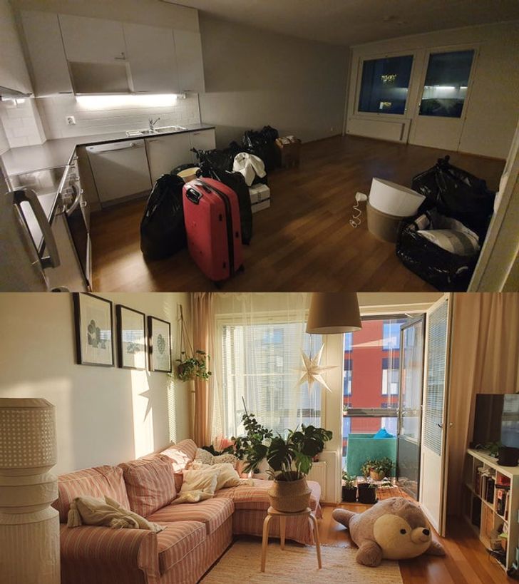 hình ảnh phòng khách căn hộ trước và sau khi được cải tạo, bài trí nội thất