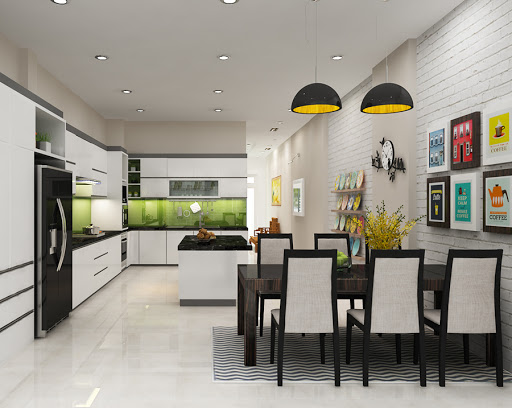 hình ảnh mẫu phòng bếp kết hợp phòng ăn tông màu đen - trắng hiện đại với điểm nhấn màu xanh lá, màu vàng từ tường chắn bếp, tranh treo tường và phụ kiện trang trí